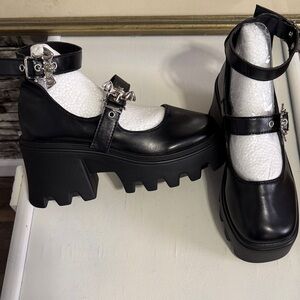 Black Platform Ankle Strap Shoes with two bat 🦇 buckles at the side